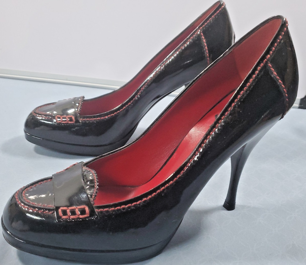 YSL Yves Saint Laurent Rive Gauche Platform Pumps Black Patent Stitched US 10